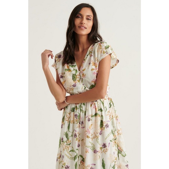 Lucky Brand Womens Antique Floral Peasant Midi Dress Size Large Smocked Flutter - Picture 4 of 11